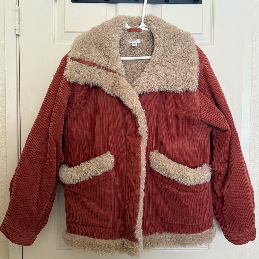 TopShop Cozy Sherpa Jacket. Color: Salmon/Beige. Size 2 US.